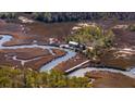 Breathtaking aerial view of the neighborhood, featuring a beautiful pond with a dock and marsh views at 775 Forrest Dr, Charleston, SC 29492