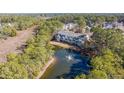Scenic aerial view of the townhomes overlooking a pond with a fountain and lush greenery at 196 Fair Sailing Rd # 25, Mount Pleasant, SC 29466