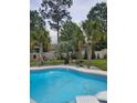 Landscaped pool area surrounded by lush greenery and palm trees, creating a tropical backyard oasis at 1915 Sweetfern Rd, Hanahan, SC 29410