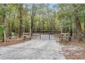 Gravel driveway leading to metal gate with wood posts, surrounded by tall trees at 5585 Wire Road, Branchville, SC 29432