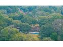Aerial view reveals a private home nestled among lush trees, complemented by a backyard pool at 3970 Betsy Kerrison Pkwy, Johns Island, SC 29455