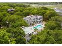 Aerial view of home's outdoor pool and a covered outdoor lounge surrounded by a canopy of lush trees at 1105 Fort Lamar Rd, James Island, SC 29412