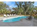 A backyard swimming pool is surrounded by lush green foliage and lounge chairs at 8834 Palmetto Rd, Edisto Island, SC 29438