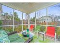 Comfortable screened patio with outdoor sofa, chairs and a green leafy rug at 140 Satur Dr, Goose Creek, SC 29445