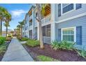 View of condo exteriors with sidewalks and lush landscaping featuring a walkway, mature trees, and shrubbery at 1300 Park West Blvd # 418, Mount Pleasant, SC 29466