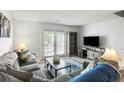 Bright living room with french doors leading to a balcony and gray sectional sofa with patterned pillows at 303 Lakeside Dr # C-2, Mount Pleasant, SC 29464