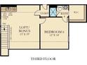 Layout showcasing a loft/bonus area, bedroom, and full bath with walk-in closet on the third floor at 103 Moscato Ln, Summerville, SC 29485