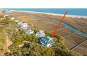 Areal view of a waterfront property featuring lush greenery, private dock, and stunning ocean views from the white sand beach at 944 Hammocks Way, Edisto Island, SC 29438