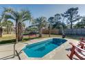 Private backyard pool features a concrete surround and tropical palm trees, creating a serene outdoor space at 1886 Capri Dr, Charleston, SC 29407