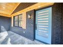 A modern blue front door with horizontal glass panels, black brick facade, and light stained wood accents at 841 Fred St, Charleston, SC 29412