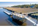 Aerial view of a private dock featuring seating and access to marsh, perfect for relaxing with scenic views at 1602 John Fenwick Ln, Johns Island, SC 29455