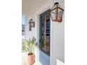 A stylish entry door with glass pane, decorative lanterns, and a potted palm tree at 2461 Lieutenant Dozier Dr, Johns Island, SC 29455