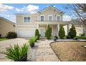 Charming two-story home features a well-manicured front yard, inviting entryway, and attached garage at 166 Pavilion St, Summerville, SC 29483