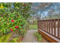 Secluded backyard featuring beautiful red camellias, lush greenery, and a wooden deck at 202 Crestwood Dr, Summerville, SC 29483