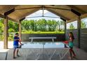 Outdoor recreational area with ping pong tables, wooden beams, and lush green landscaping at 339 Trailmore Ln, Summerville, SC 29486