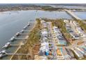 Stunning aerial view of waterfront homes with private docks on a scenic coastline, and a bridge in the distance at 384 Blowing Fresh Dr, Charleston, SC 29492