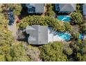 An aerial view captures a home with a private pool and lush, green surrounding landscape at 4006 Hartnett Blvd, Isle of Palms, SC 29451