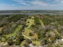 Aerial view showcases a long driveway leading through lush, green property with a forest backdrop and blue sky at 4020 Betsy Kerrison Pkwy, Johns Island, SC 29455