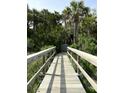 Inviting wooden walkway leading to the beach surrounded by lush tropical greenery and swaying palm trees at 4113 Buccaneer Rd, Isle of Palms, SC 29451