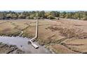 Aerial view of a long wooden dock that extends into the marsh leading to the river at 1532 Hutton Pl, Charleston, SC 29407