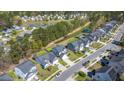 Aerial view of homes in a residential area, with a pond, manicured lawns, and tree-lined streets at 206 Alpine Rd, Summerville, SC 29485