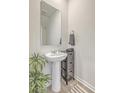 Bright powder room featuring a pedestal sink, modern fixtures, stylish mirror, and decorative accents at 302 Fox Gap Rd, Summerville, SC 29486