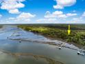 Aerial view of a waterfront property with a dock and boat lift, surrounded by green trees at 3060 Bohicket Rd, Johns Island, SC 29455