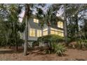 Rear exterior view of the beautiful home with big windows and surrounded by tall trees at 410 Ocean Oaks Ct, Kiawah Island, SC 29455