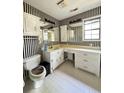 Unique bathroom with striped wallpaper and a toilet with a cat design at 1805 Wood Duck Rd, Moncks Corner, SC 29461