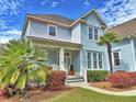 Attractive light blue home featuring a cozy front porch and colorful landscaping, offering curb appeal at 855 Hunt Club Run, Charleston, SC 29414