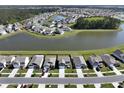 A scenic aerial view of a neighborhood, showcasing houses surrounding a lake and wooded area at 183 Greenwich Dr, Summerville, SC 29486