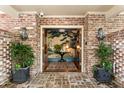 Brick entryway with potted plants lead into foyer showcasing scenic mural, table, lamp, and decorative rug at 333 W Confederate Cir, Charleston, SC 29407