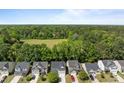 An aerial view showcases the neighborhood homes with tree lined backyards and green space at 1218 Cosmos Rd, Summerville, SC 29483