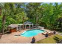 Aerial view of a private pool and cabana area surrounded by lush landscaping and lounge chairs at 4952 Steeplechase Ln, Hollywood, SC 29449