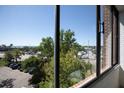 Exterior view from inside showcasing lush green trees, parked cars, and a clear blue sky at 14 Lockwood Dr # 2D, Charleston, SC 29401