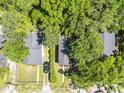 Aerial view of the property showcasing the house, driveway, and surrounding mature trees at 2125 Victory Ave, North Charleston, SC 29405