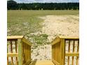 Enjoy the view of the large backyard with the wooden stairs leading down from the porch at 1358 Givhans Rd, Ridgeville, SC 29472