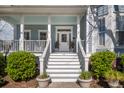 Inviting front entrance with stairs leading to a covered porch, adorned with potted plants and stylish railing at 122 Lucia St, Charleston, SC 29492