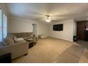 Spacious living room with neutral carpet, ceiling fan, TV, and comfortable sectional couch at 110 Kay St, Ridgeville, SC 29472