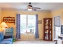 Cozy living room with carpet, ceiling fan, blue accents, and large window for natural light at 1300 Park West Blvd # 919, Mount Pleasant, SC 29466