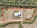 Aerial view of a modern farmhouse on expansive lot surrounded by trees with a red border highlighting the property lines at 733 Oakridge View Trl, Ridgeville, SC 29472