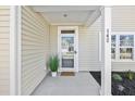 Stylish front door with glass panel and decorative plants, offering curb appeal and a welcoming entrance at 142 Lucca Dr, Summerville, SC 29486