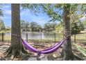 Beautiful backyard view with hammock strung between mature trees, overlooking a serene lake at 1733 James Basford Pl, Mount Pleasant, SC 29466