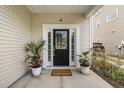 Close-up of the home's entryway, showcasing a stylish black door with glass panels flanked by potted plants at 1817 Towne St, Johns Island, SC 29455