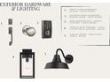 Exterior hardware and lighting selections for the front door, porches, and garage, in satin nickel and black finishes at 708 Rumbling Leaf Ln, Summerville, SC 29486