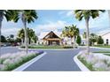 Grand clubhouse entrance with manicured landscaping, palm trees, and a circular driveway at 1037 Tulip Shell St, Summerville, SC 29485