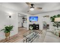 Cozy living room features a ceiling fan, modern decor, and a view into the kitchen at 3293 River Rd, Johns Island, SC 29455