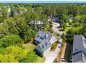 Aerial view of a well-landscaped home with inviting porch and a spacious garage nestled among mature trees in a serene neighborhood at 380 Tidal Reef Cir, Mount Pleasant, SC 29464
