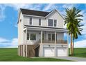 Inviting two-story coastal home boasts a charming design, double garage, and a relaxing front porch, complemented by a palm tree at 1340 Lucinda St, Mount Pleasant, SC 29466