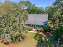 Aerial view of a well-maintained home with mature trees, a manicured lawn, and charming blue double doors at 968 Cummings Cir, Mount Pleasant, SC 29464